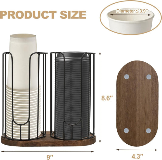 2-Compartment 18oz Coffee Cup Dispenser Rack with Wood Base, Disposable Cup, and Lid Organizer for Countertop - Perfect for Paper Cups, and Lid Organizer