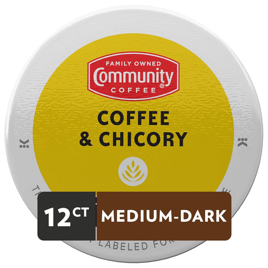 Community Coffee Coffee & Chicory 12 Count Coffee Pods, Medium-Dark Roast, Compatible with Keurig 2.0 K-cup Brewers, 12 Count (Pack of 1)