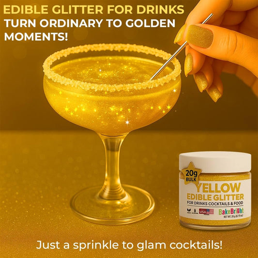Bulk 20g Yellow Edible Glitter for Drinks | Premium Edible Glitter for Cakes, Cocktails, Yellow Cake Decorating Decorations Food Grade, Vegan, Kosher, Halal, Gluten Free - Made in USA