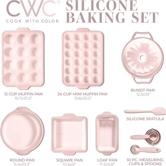 COOK WITH COLOR 17 Pc. Silicone Baking Pan Set - Non-Stick & Easy Clean Silicone Muffin Pans for Baking with Sturdy Metal Frame for Stability, Flexible Cake Molds, Includes Measuring Cups and Spoons