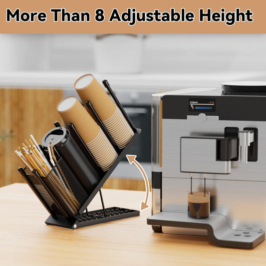 OVICAR Cup and Lid Holder - Adjustable Coffee Cup Holder Organizer 4 Compartment Disposable Cup Dispenser with Coffee Pod Straw Storage Basket for Coffee Station Bar Countertop Breakroom Metal Black