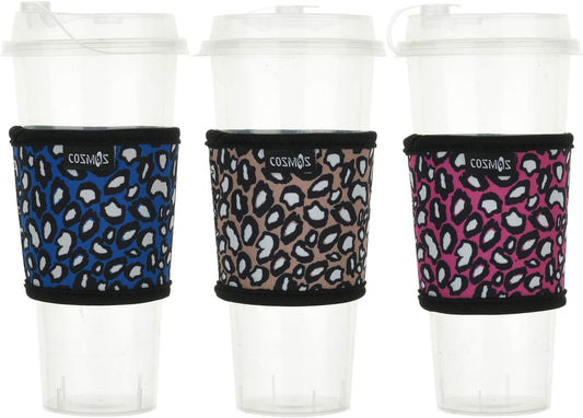 CM Reusable Coffee Mug Sleeve Cover Heat Resistant Neoprene Insulator Sleeve for Coffee Tea Hot Cold Beverage (Leo Print Patterns - Blue, Pink, Kakki - Pack of 3)