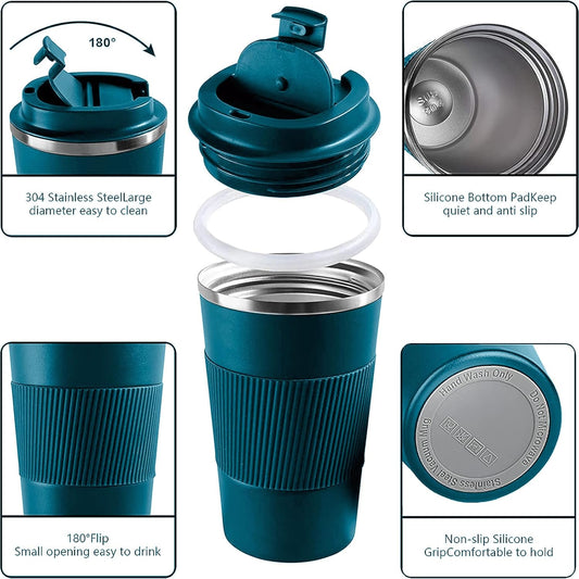 YINBAOGE Insulated Travel Coffee Mug Spill Proof Leak Proof Pobtable To Go Camping Stainless Steel Coffee Tumbler Reusable Coffee Cups with Lids Thermos for Hot and Cold Drink (Blue, 17 OZ)