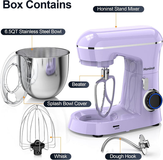 Stand Mixer, 6.5QT 10-Speed Tilt-Head Electric Stand Mixer, 3-In-1 Kitchen Mixer with Bowl, Dough Hook, Whisk and Beater, Food Mixer for Baking, Cake and Most Home Cooks, Purple