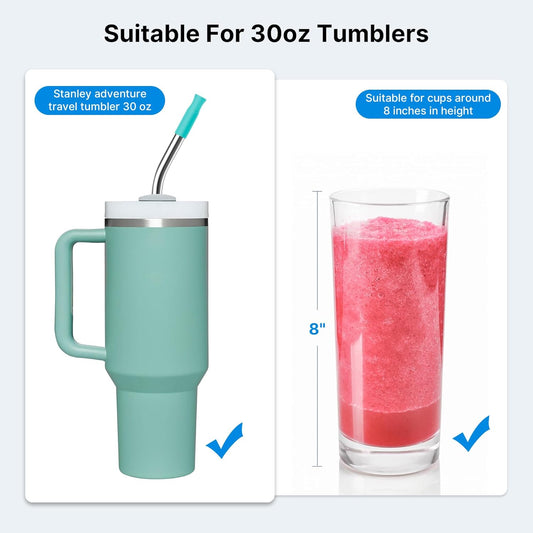 2 Pcs Stainless Steel Straw with Silicone Tips for 30 oz Stanley Tumbler, Repeatable 30 oz Metal Straws for Stanley Adventure Quencher Travel Tumbler Cup, BPA Free(Light Green)