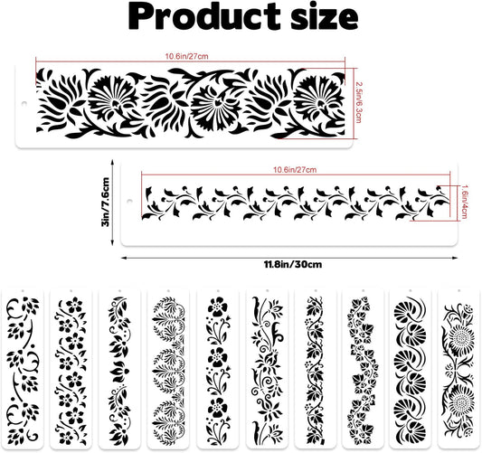12 Pcs Large Flower Border Stencils for Painting, Reusable Plastic Floral Edge Baking Decorating Vine Stencil Tool, Painting Templates for DIY Cake Wood Wall Tile Furniture Canvas Craft, 3" x 11.8"
