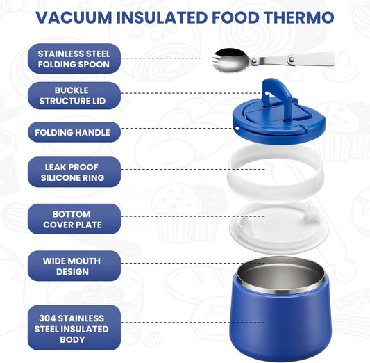 Soup Thermo for Hot Food Kids 14oz Lunch Containers with Buckle Lid Wide Mouth Hot Food Jar Vacuum Insulated Stainless Steel Bento Box Leakproof with Spoon (Light Blue)