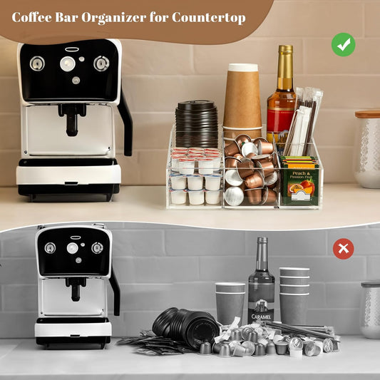 BEYGORM Acrylic Coffee Bar Station Organizer for Countertop,Office Breakroom Clear Snack Tea Storage Accessories Holder for Kcup Pod Condiment Cup Sugar Creamer Syrup, Coffee Gift for Coffee Lovers