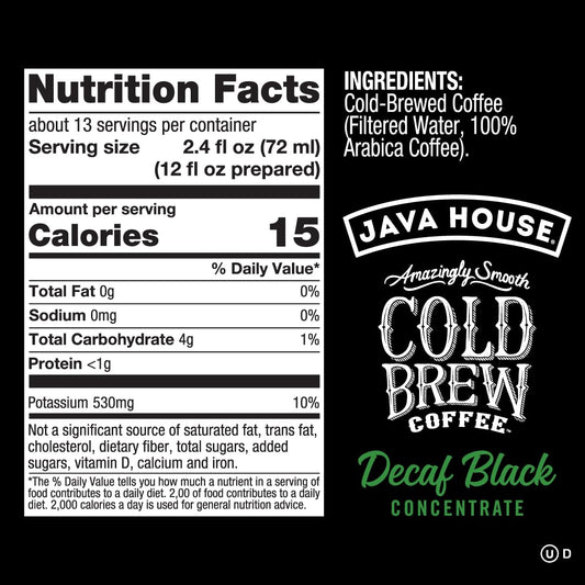 JAVA HOUSE Cold Brew Coffee, Decaf Colombian 4:1 Liquid Concentrate, 32 Ounce Bottle