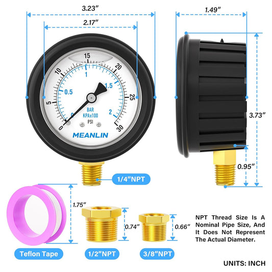 MEANLIN MEASURE 0~30Psi Stainless Steel 1/4" NPT 2.5" FACE DIAL Liquid Filled Pressure Gauge, Lower Mount (with Rubber Protective Sleeve), with 1/2" NPT and 3/8" NPT Hex Bushing