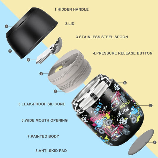 17 oz Insulated Lunch Containers Hot Food Jar, Wide Mouth Lunch Thermo for Kids Adults, Vacuum Stainless Steel Lunch Box With Handle Folding Spoon for School, Office Black - Car