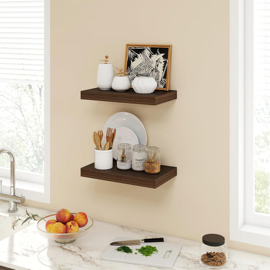 16 Inch Floating Shelves, 9.3" Deep Floating Shelf Wall Mounted, 16" Wall Shelves, Rustic Deep Bookshelf, Large Display Shelves & Storage Shelves for Bedroom, Living Room, Walnut, Set of 2