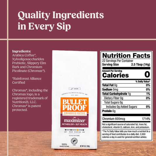 Bulletproof The Maximizer Ground Coffee, 10 Ounces, Clean Coffee with Prebiotics, Metabolism and Gut Health Support, Packaging May Vary
