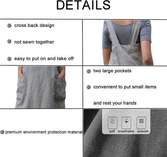 ZQFFB Pinafore Cross Back Apron for Women with Pockets Japanese Smock for Work Gardening Cooking Painting Baking