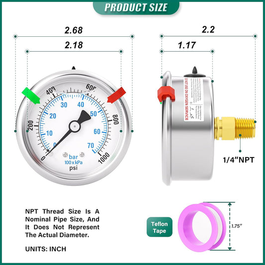 0-1000PSI Stainless Steel Liquid Filled Pressure Gauge, 2.5" Dial Size, 1/4" NPT Back Mount, for Tube, Water Pump, Gas, Liquid, Pressure Test (with Range Mark Pointer)