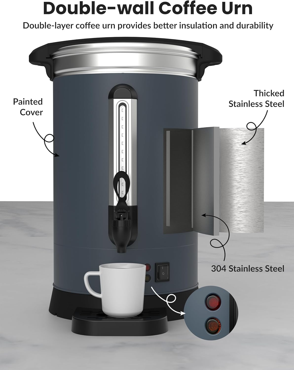 90 Cups Coffee Urn,14L Gallon Double Wall Commerical Coffee Maker for Buffet Catering Wedding Gathering,Large Capacity Hot Coffee Dispenser,Stainless Steel Hot Water Urn