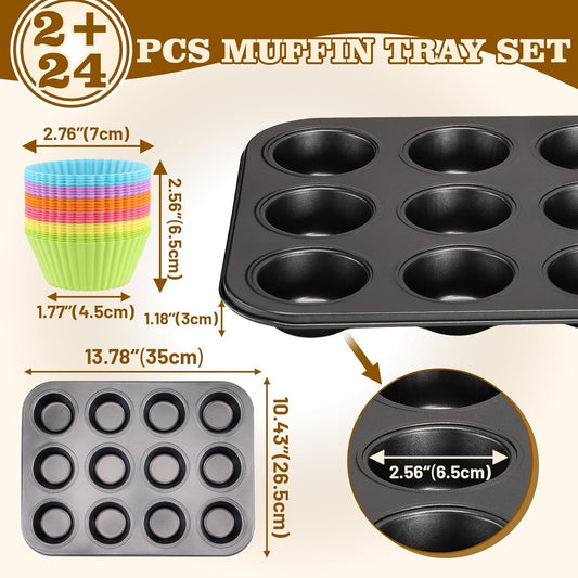 BEWOS 2 PCS Non-Stick 12 Cup Muffin Pan, Carbon Steel Mini Muffin Pan with 24 Reusable Silicone Silicone Molds, Dishwasher Safe & Easy Clean Muffin Tin, Baking Moulds for Muffins or Cupcake(Grey)