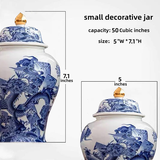 7 inches dragon Ginger Jar - blue white Ceramic Decorative with Lid flower vase, chinoiserie gift Enamel jars for Home/Kitchen/Dining/living room/shelf decor/Tea Storage