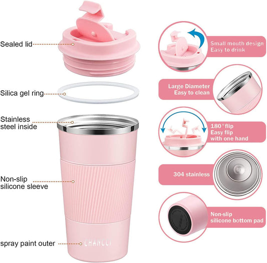 Travel Coffee Mug Spill Proof Leakproof 16 oz Insulated Coffee Mug with Screw Lid, Stainless Steel Vacuum Tumbler Reusable Thermal Coffee Cup to go for Hot and Cold Drinks -510ml,Pink