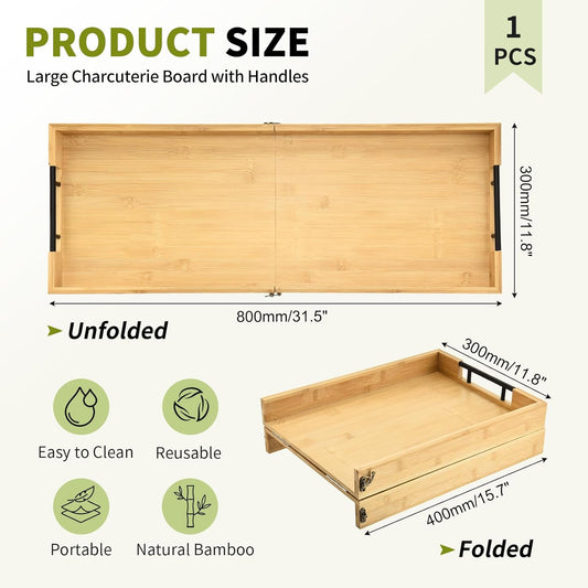 Large Charcuterie Board with Handles, 32 x 12 Inch Foldable Bamboo Serving Cheese Boards - Serving Platter for Meat, Party Appetizers, Outdoor & Fruit