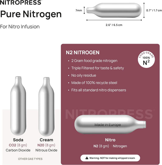 10 PCS NitroPress Nitrogen Coffee Chargers – Pure N2 Cartridges for Nitro Cold Brew Coffee Maker, Cocktails, Tea, and Beer – Use with NitroPress Instant Nitrogen Diffuser System