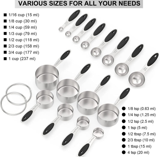 Measuring Cups & Spoons Set of 16, Wildone Stainless Steel Measuring Cups and Measuring Spoons with Black Silicone Handle, Including 8 Nesting Cups, 8 Spoons, for Dry and Liquid Ingredient