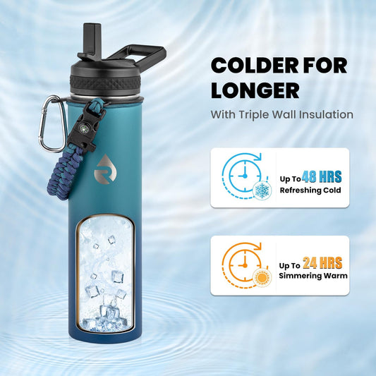 Insulated Water Bottle 24oz, Triple Wall Vacuum Stainless Steel (Cold for 48 Hrs, Hot for 24Hrs), Leak Proof & Non-BPA, 24oz Hydro Water Flask with Paracord Handle & Straw Spout Lids