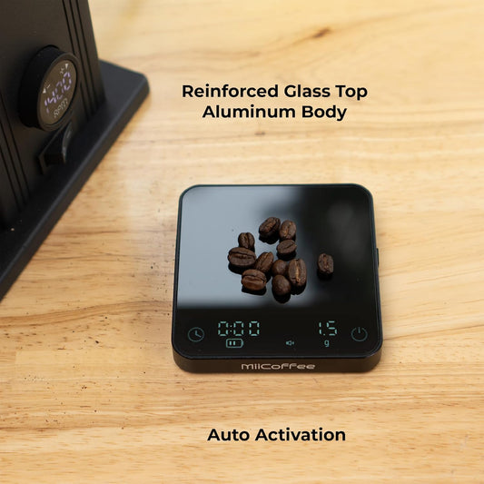 Minipress Coffee Scale, Auto Timer for Espresso and Pour-Over Coffee, Aluminum Body & Glass Top