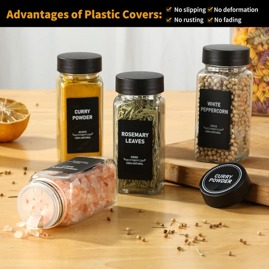 24Pcs Spice Jars Containers with Labels,4oz Black Seasoning Bottles with Shaker Lids for Rack, Cabinet, Drawer,Empty Square Condiment Pots (24, Black)