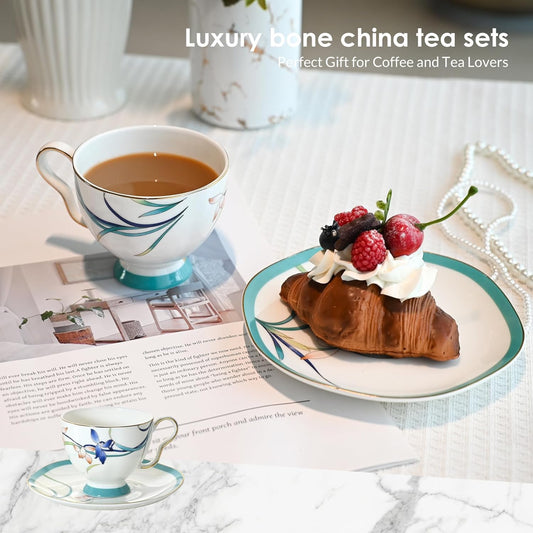 ACMLIFE Tea Cups and Saucers for 1, Bone China Teacup Set for Adults with Gold Trim and Gift Box, Blue and White Chinese English British Wedding Tea Set for One Coffee Cup Set 6.8 oz (Blue-Bamboo)