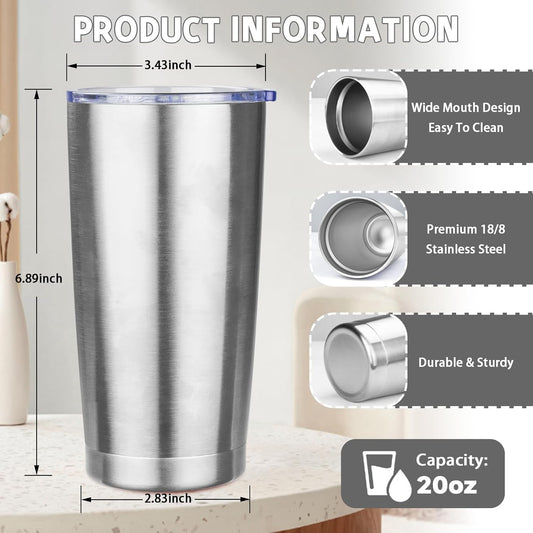 20 oz Tumbler with Lids and Straws, Stainless Steel Insulated Coffee Tumbler, Double Wall Vacuum Insulated Travel Mug Cup, Leakproof Thermal Coffee Cup for Hot and Cold Drinks (Silver)
