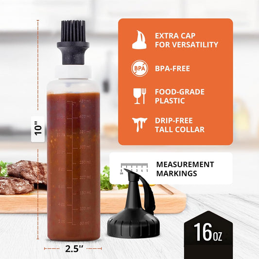 Silicone Basting Brush & BBQ Sauce Bottle - 16 oz Basting Bottle Dispenser for Grilling - Perfect Grill Brush for Marinades