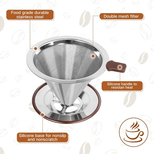 Pour Over Coffee Dripper๏ผReusable Stainless Steel Drip Cone Coffee Filter, Update Double Ultra Fine Micro Mesh Filter, Professional Paperless Drip Brew Coffee Cone Maker with Cup Stand,1-4 Cup