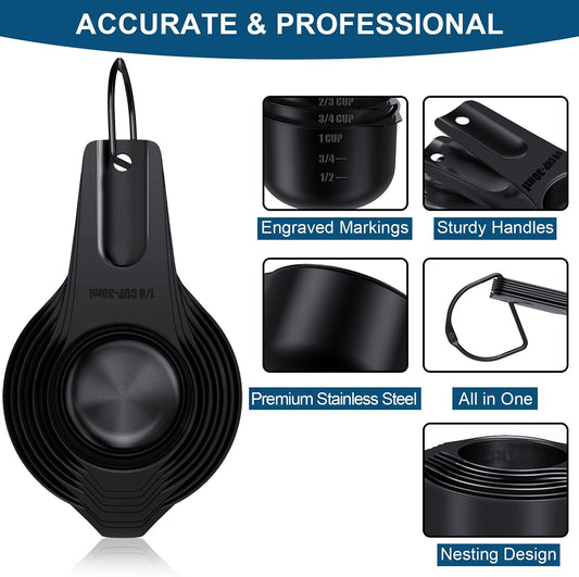 Wildone Black Measuring Cups & Spoons Set of 21 - Includes 7 Stainless Steel Nesting Measuring Cups, 8 Measuring Spoons, 1 Leveler & 5 Mini Measuring Spoons, Ideal for Dry & Liquid Ingredients