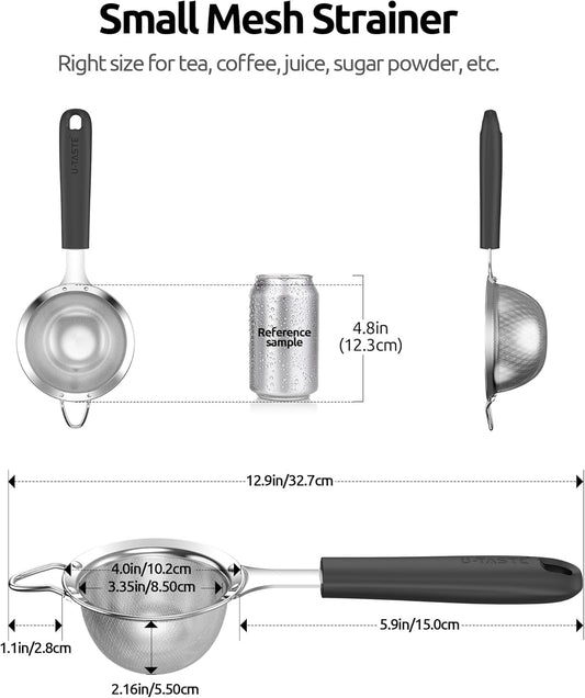 U-Taste Small Fine Mesh Strainer: 18/8 Stainless Steel 3.35in 30 Mesh Kitchen Food Sieve with Sturdy Riveted Silicone Handle, Heavy Duty Deep Handheld Metal Colander for Tea, Juice (Black)