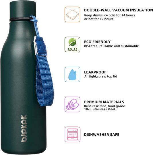 BJPKPK Insulated Water Bottles, 18 oz Stainless Steel Metal Water Bottle with Strap, BPA Free Leak Proof Thermos, Mugs, Flasks, Reusable Water Bottle for Sports & Travel, Army Green