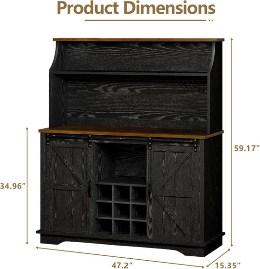 47 Inch Farmhouse Coffee Bar Cabinet with 3-Tier Storage, Kitchen Hutch with 9 Wine Racks & 3 Glass Holders, Coffee Bar with 6 Hooks, Wine Bar Cabinet for Dining Living Room, Black