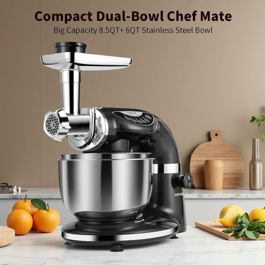 Aifeel Stand Mixer, 8.5QT+ 6QT Two Stainless Steel Bowls Electric Food Mixer, 7 in 1 Multifunctional Kitchen Mixer with Dough Hook, Whisk, Beater, Meat Grinder,Pasta & Cookie Maker-Black