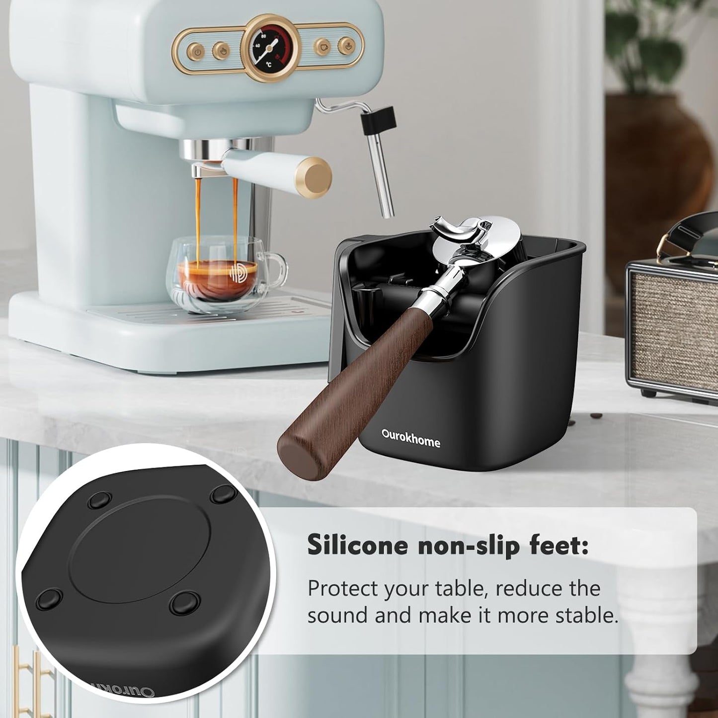 Ourokhome Knock Box Espresso Accessories, The Latest Patented Stainless Steel Espresso Machine Tool for Coffee Ground with Removable Knock Bar, Handle and Lid, Dishwasher safe, 4.8 inch (Black)