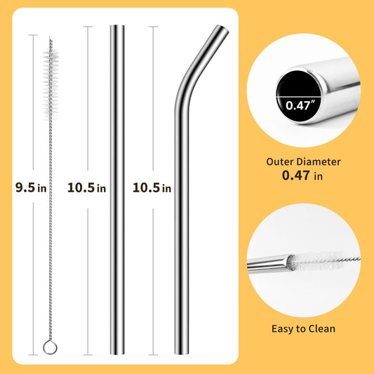 6 Pack Metal Smoothie Straw, 0.47''Extra Wide Stainless Steel Reusable Straws with 2 Straw Brush for Milkshake, Bubble tea