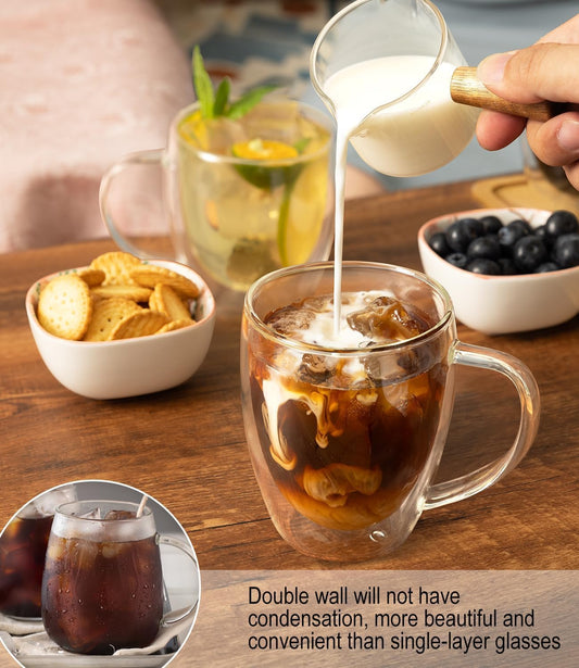 OJA Double Wall Glass Coffee Mugs Set of 2, 13oz Clear Glass Mugs, Insulated Coffee Cups, with coaster, Perfect for Espresso, Latte, Cappuccino, American, Tea Bag, Beverage