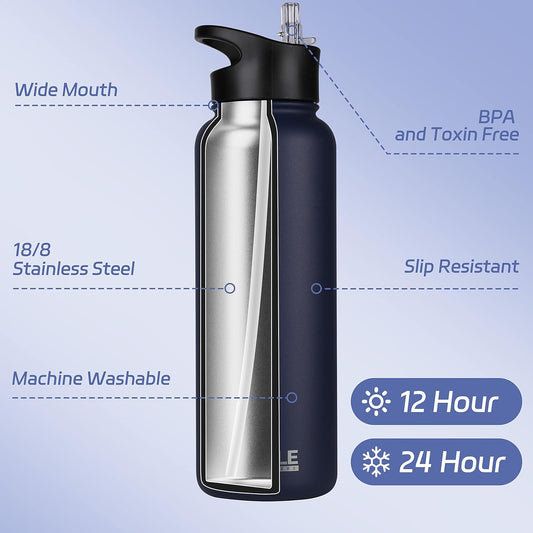 HASLE OUTFITTERS 40oz Stainless Steel Water Bottle, Vacuum Insulated Double Walled Leak Proof Sports Water Bottle with 2 Lids (Straw and Spout Lid) Thermo Mug Keep Cold and Hot(Navy,1)
