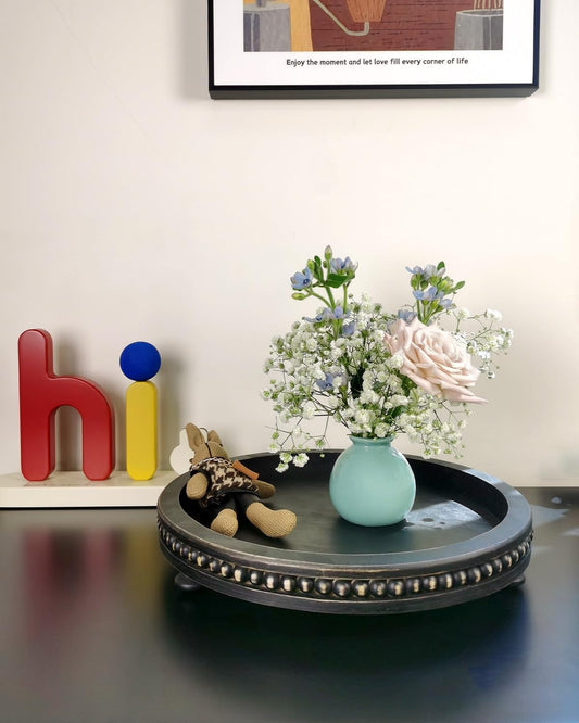 12 Inches Rustic Wooden Decorative Tray, Small Round Beaded Wood Tray for Kitchen Dinning Table Centerpiece Decor Entryway Living Room Home Decor, Black