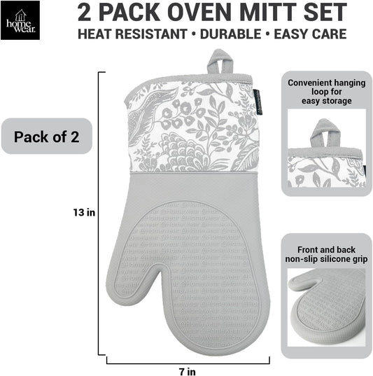 Delaney Silicone Oven Mitts Set - Extra Long, Heat Resistant Kitchen Gloves, Non-Slip Holders for BBQ, Baking, Cooking Essentials, Grey Toile, Kitchen Decor, Oven Gloves, New Home Gifts