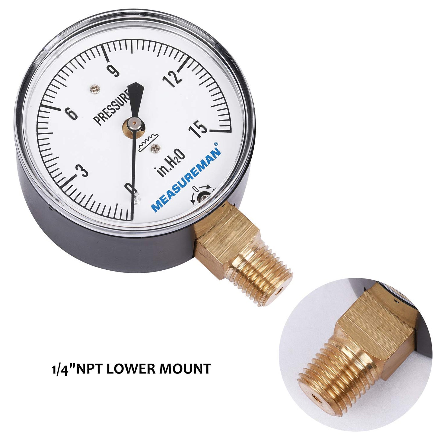 MEASUREMAN Diaphragm Type Capsule Low Pressure Gauge, 2-1/2" Dial, 1/4" NPT Lower Mount, Adjustable, 0-15 in H2O(Inches of Water)