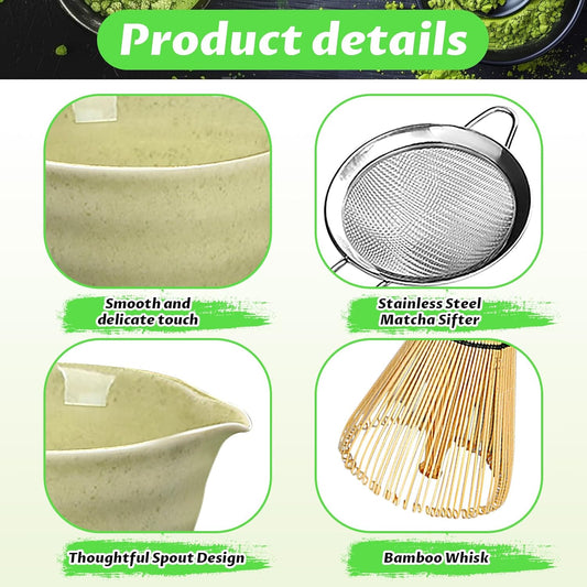 Matcha Set, 6 Pcs Matcha Whisk Set with 20 oz Bowl, Bamboo Whisk for Matcha Tea, Matcha Bowl, Ceramic Matcha whisk Holder, Stainless Sifter and Scoop - Gift for matcha kit Lovers(Green)