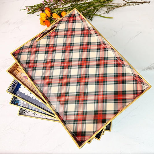 Rectangular Decorative Tray with Handles, Plastic Serving Tray for Living Room, Home Decor, Christmas,15.7" x 11.8" Red Plaid