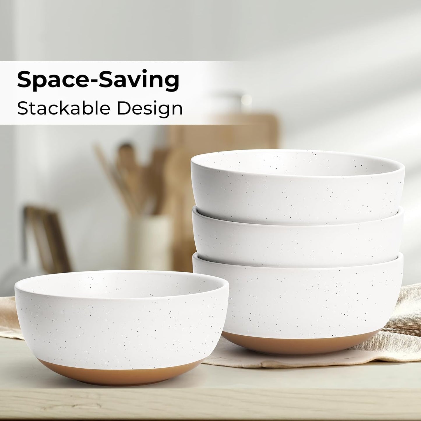 MIAMIO โ Set of 4, 28 Ounce Ceramic Soup Bowls/Cereal Bowl Set for Salad, Oatmeal, Fruit, Rice โ Dishwasher & Microwave Safe โ Aura Collection (Creamy Cocoa, Bowls (4x))