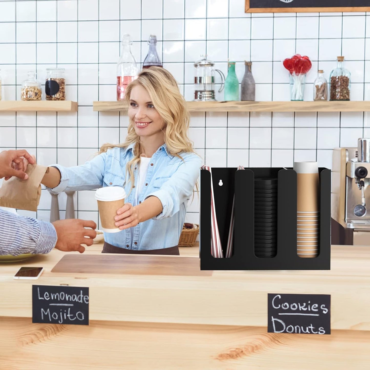 Richboom Acrylic Coffee Cup and Lid Storage Organizer Holder, 3 Compartments, Black