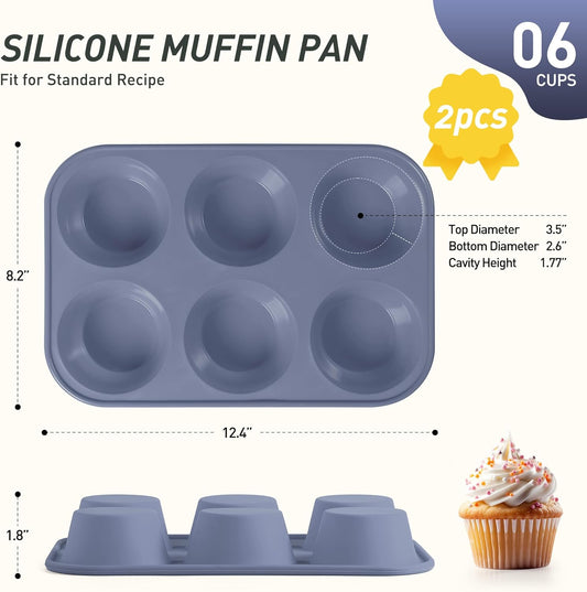 2 Pack 6 Cups Silicone Jumbo Muffin Pan with Metal Reinforced Frame Silicone Molds for Baking Cupcake Cake Baking Pans Muffin Tin Tart Pans Baking Set for Easter Christmas holiday Cookie Tin